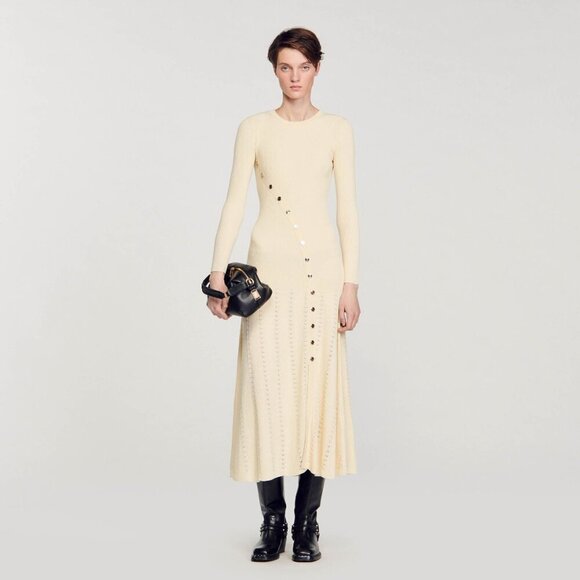 Sandro Womens Naturels Button-embellished Knitted Maxi Dress In Cream - Picture 4 of 16